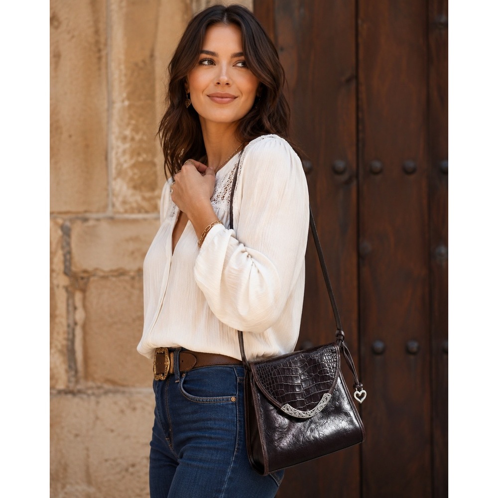 Brighton Brown Leather Croc Embossed Crossbody Bag Silver Filigree Heart Charm‎